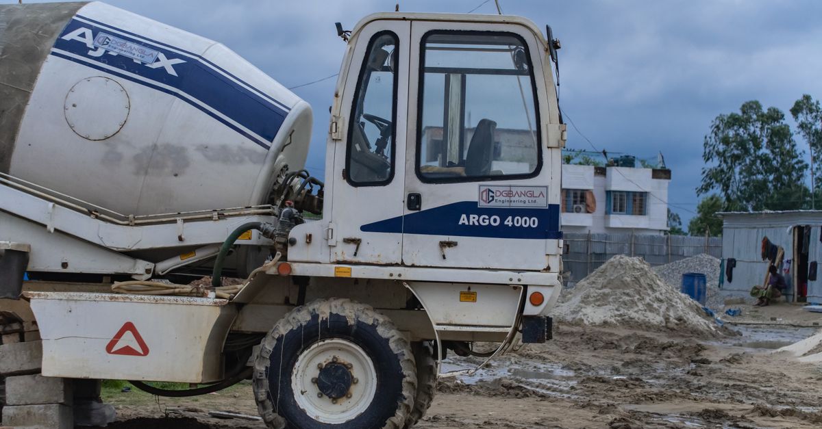 Concrete mixer truck on a job site